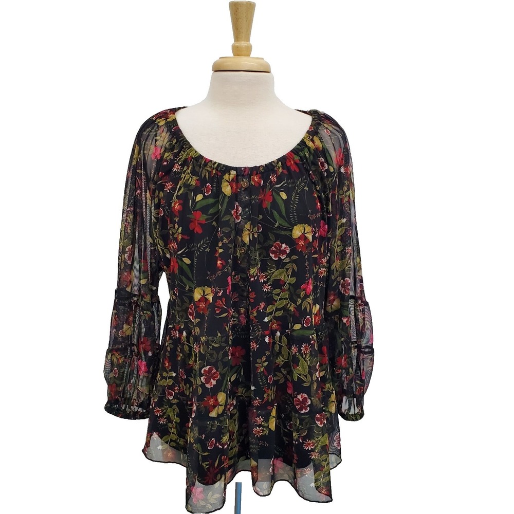 Terra & Sky Womens 1X Floral Sheer Mesh Peasant Tunic Top Boho Romantic Blouse